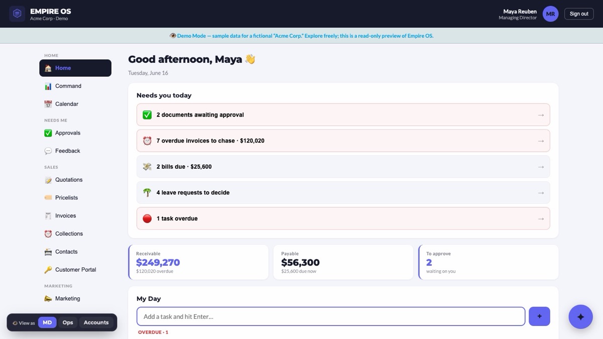 Empire OS hub dashboard with KPIs and approvals