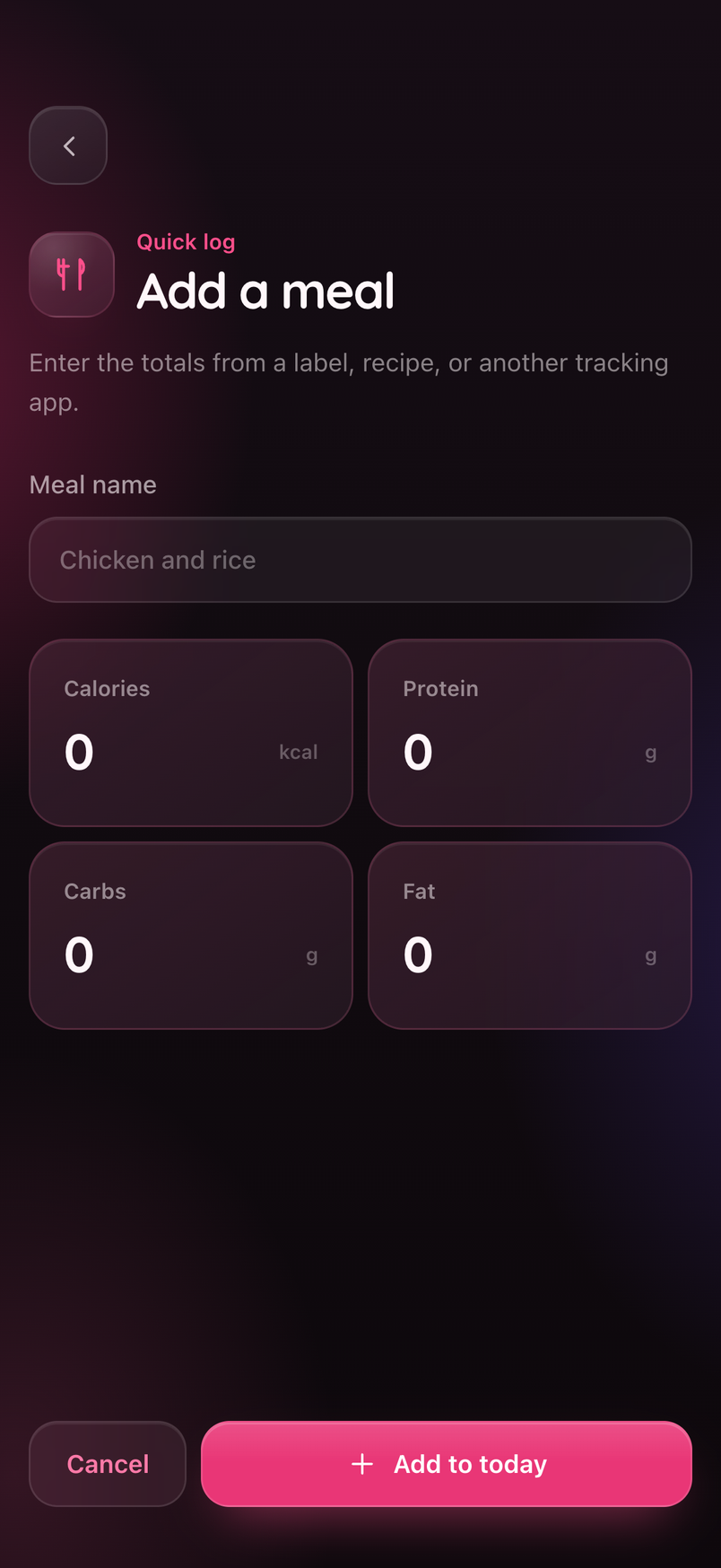 FitFlow quick meal logging screen