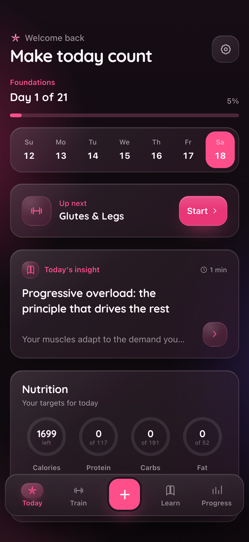 FitFlow Today screen with workout, lesson, and daily progress