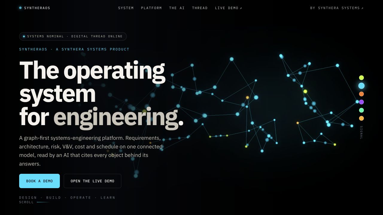 Current SyntheraOS public product world showing the connected engineering graph
