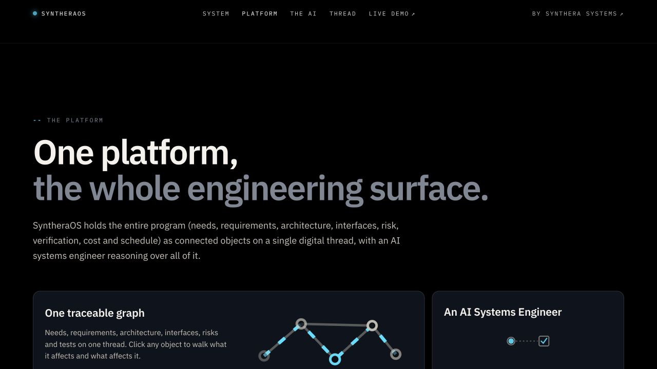 SyntheraOS platform view explaining its traceable graph and connected engineering surface